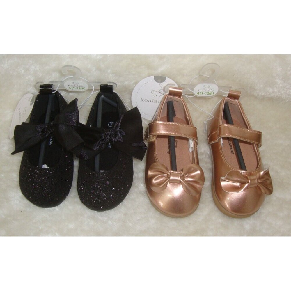 Koala Baby Rose & Black Sparkle Bow Shoes Infant Baby Size 4 NEW 2 PAIRS